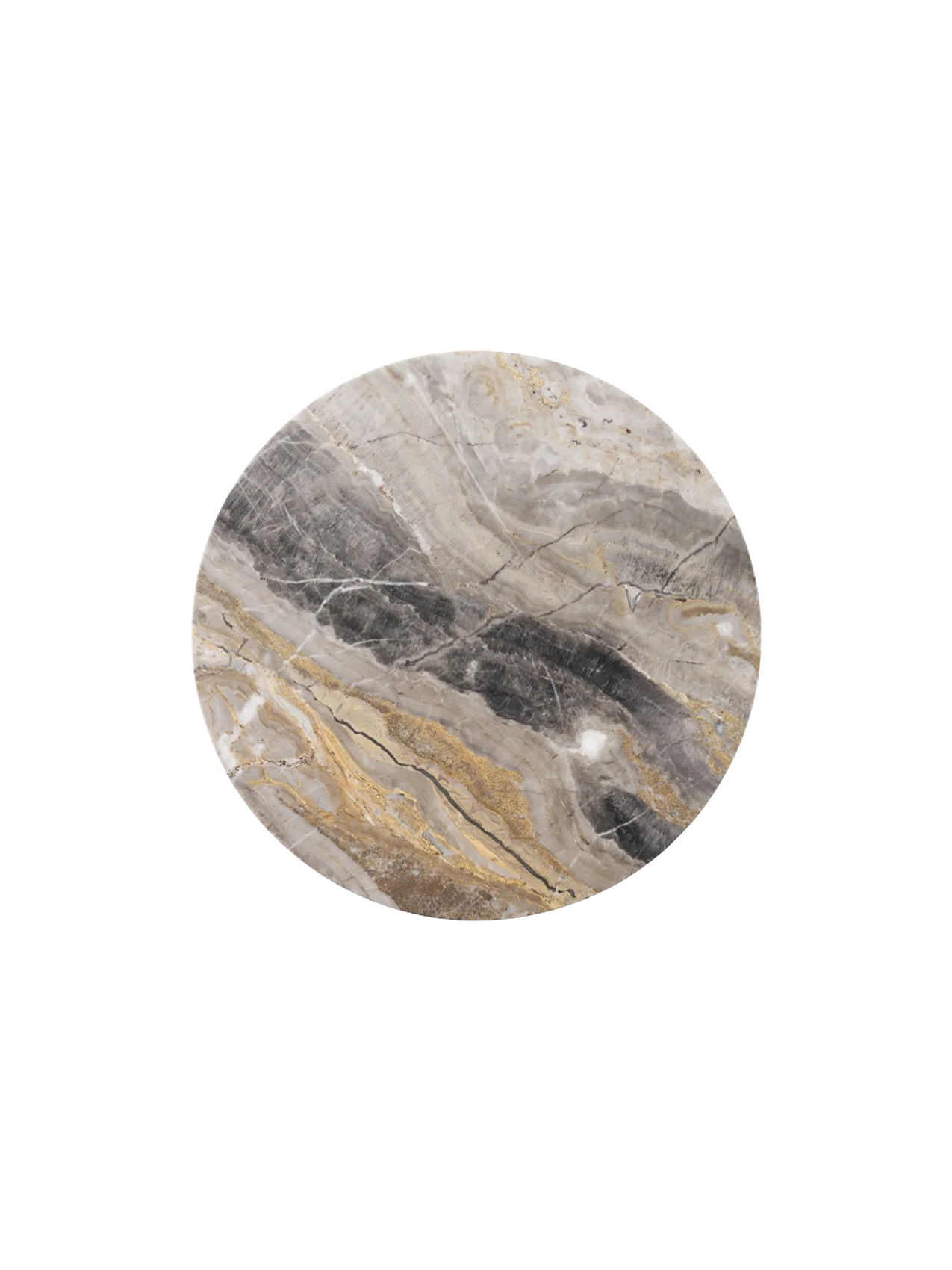 A circular slab of polished marble with intricate veins of grey, charcoal, white, and gold, viewed from directly above.