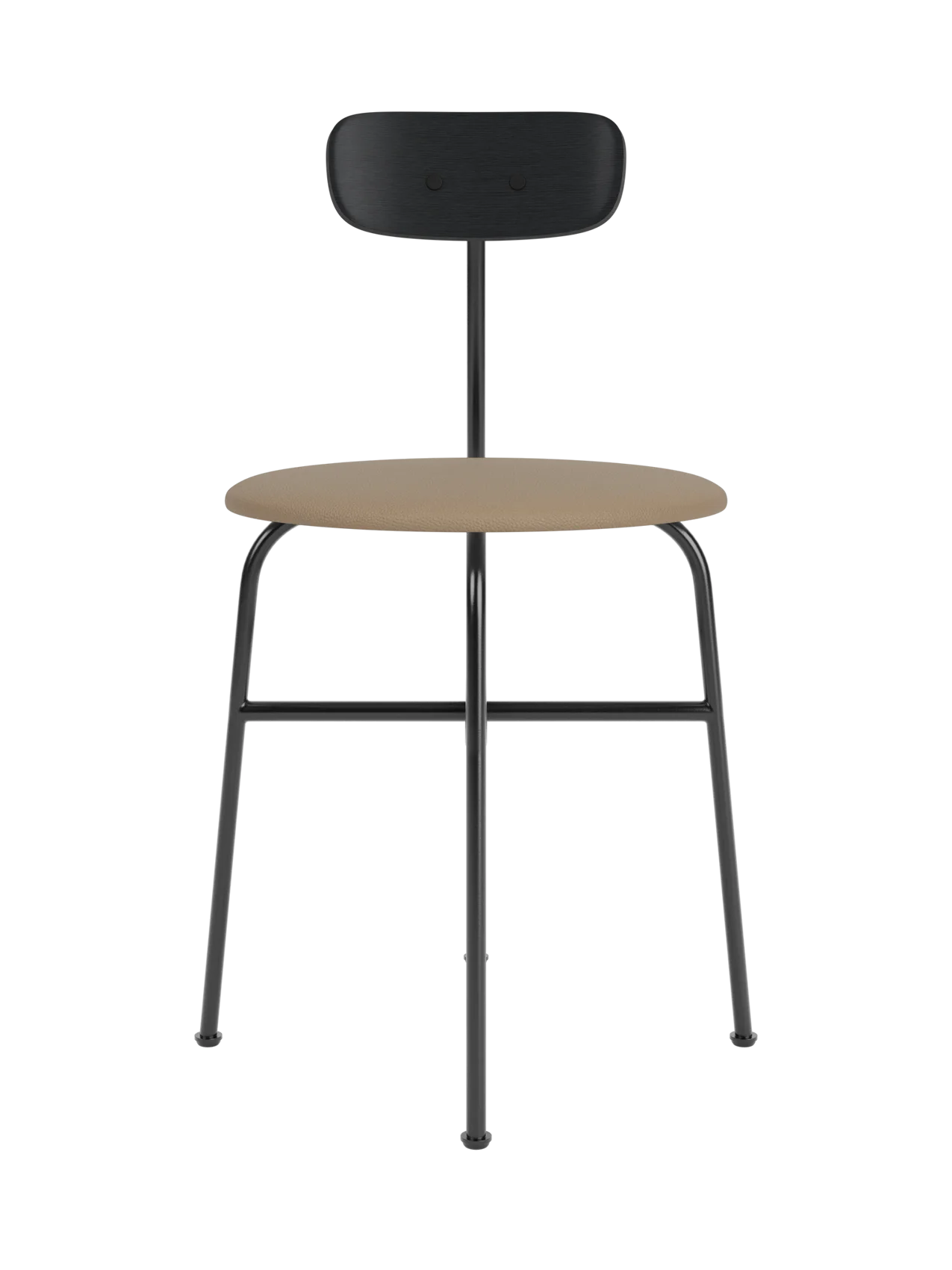 Afteroom Dining Chair with a black painted oak backrest, black steel frame and tan leather upholstered seat.