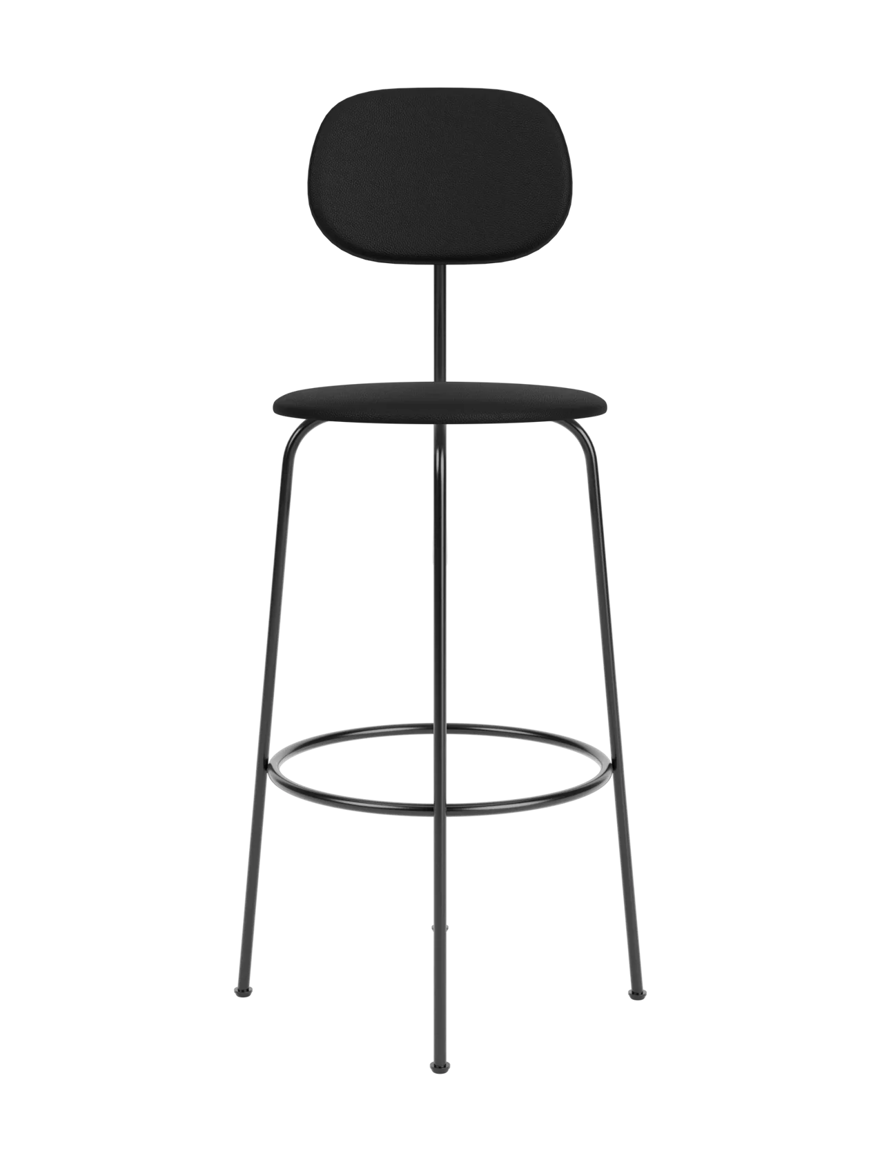 The black Afteroom Bar Chair Plus, Fully Upholstered, front view. It has a slim metal frame, round seat, and oval back.