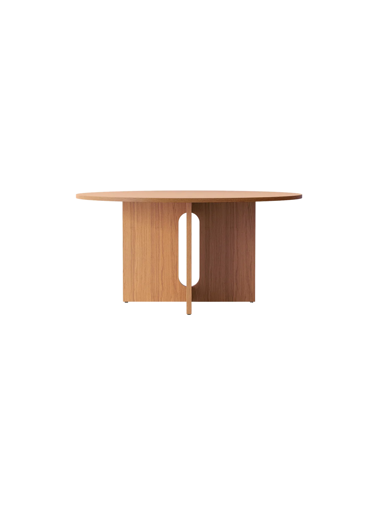 The Androgyne Dining Table in natural oak, shown from the front. The sculptural base has a distinctive vertical oval cut-out.