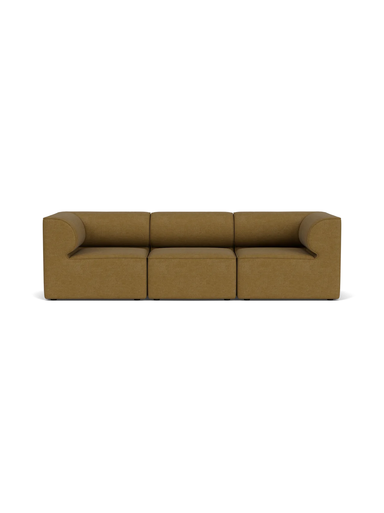 A front-on view of the Eave Modular Sofa, 86, 3 Seater, in a textured, warm yellow bouclé fabric against a black background.