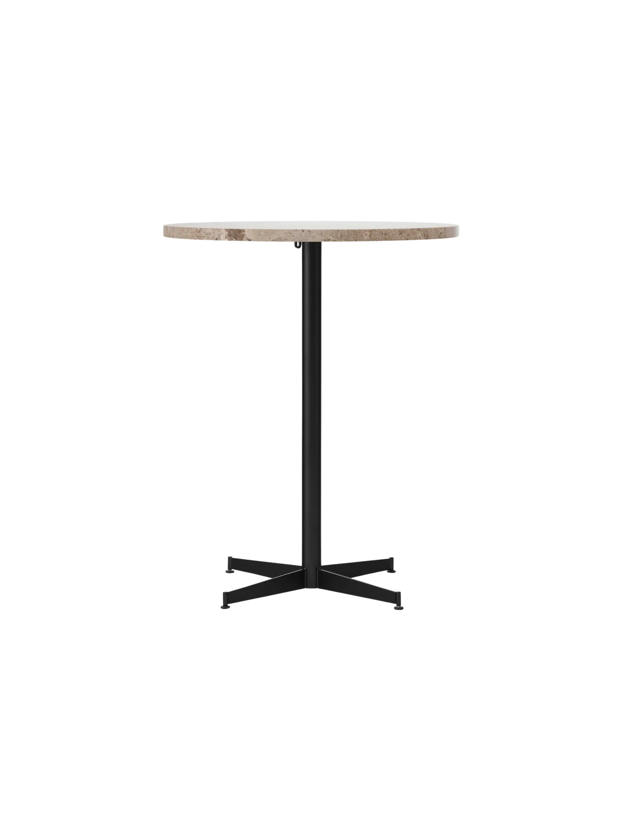 Front view of the Nook Counter Table with a round Kunis Breccia stone tabletop and a slender black powder-coated steel base.