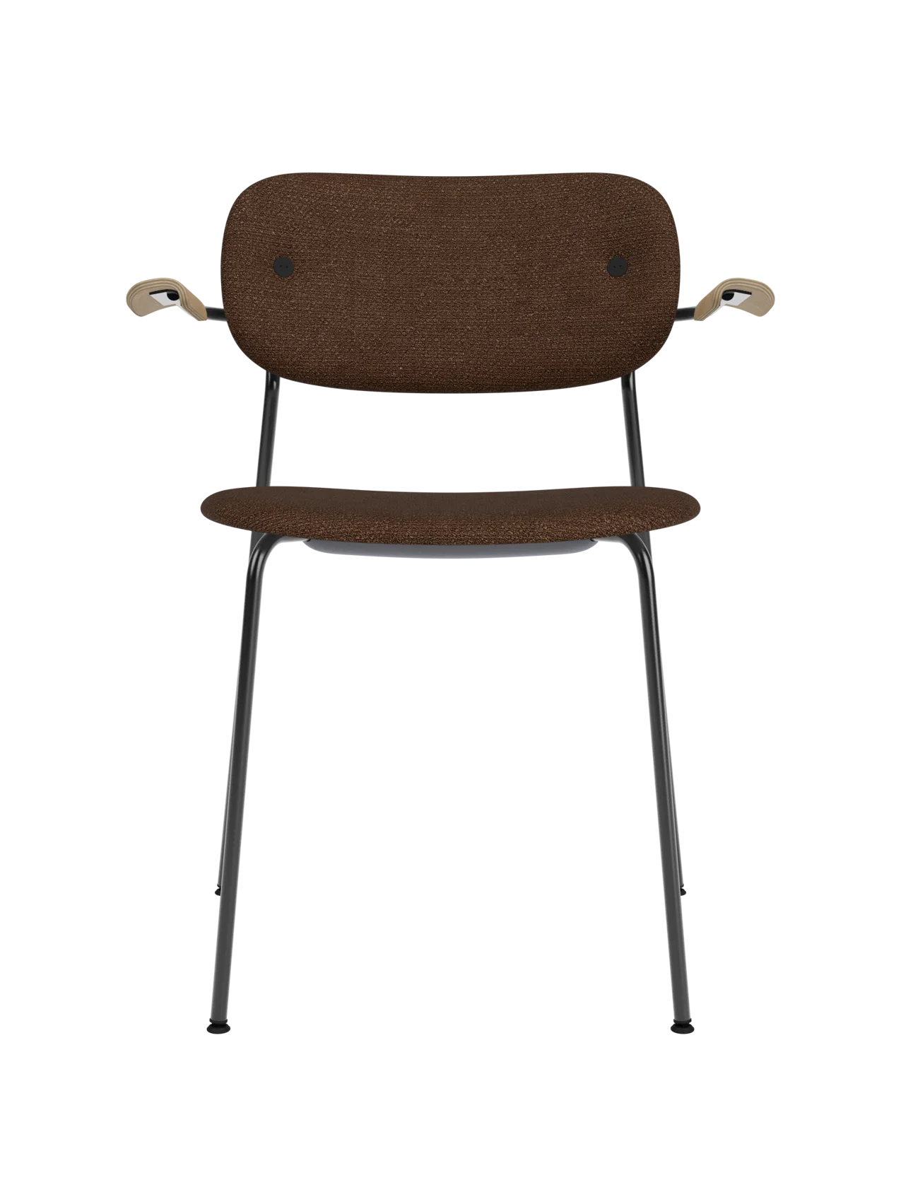 Co Dining Chair with black bouclé upholstery, natural oak armrests, and a sleek black powder-coated steel frame.