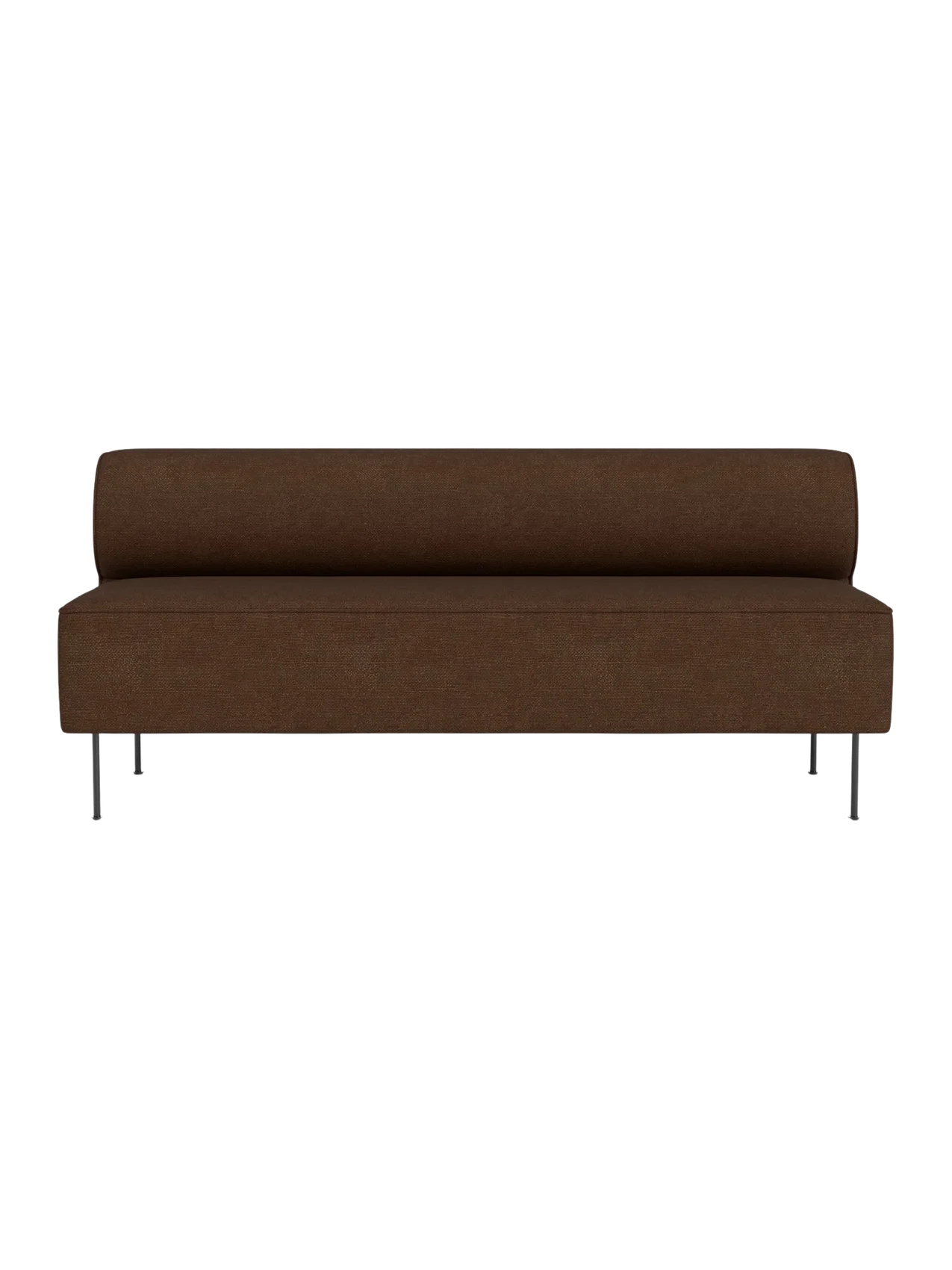 Front view of the Eave Dining Sofa, an open section module, in brown textured fabric with a low back and slim metal legs.