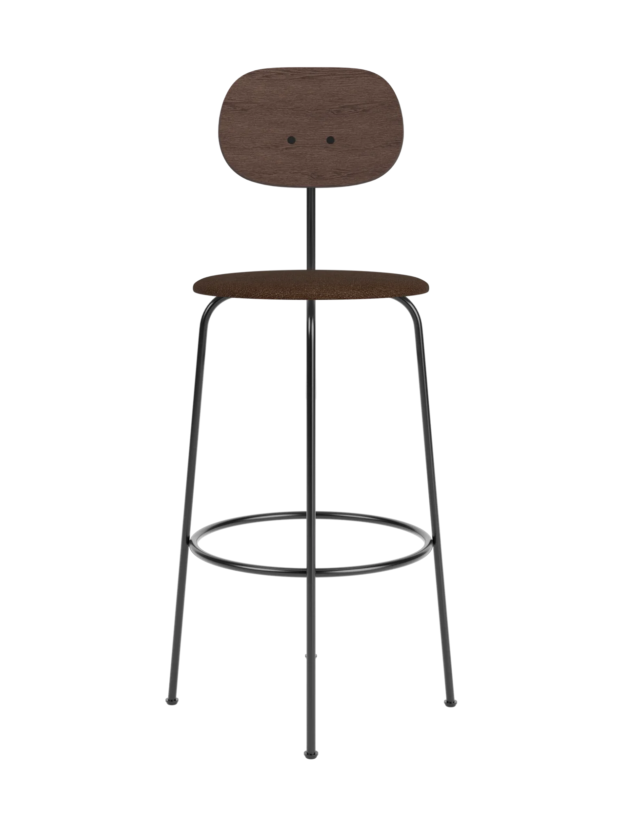 Afteroom Bar Chair Plus with dark stained oak backrest and brown bouclé upholstered seat on a black steel frame.