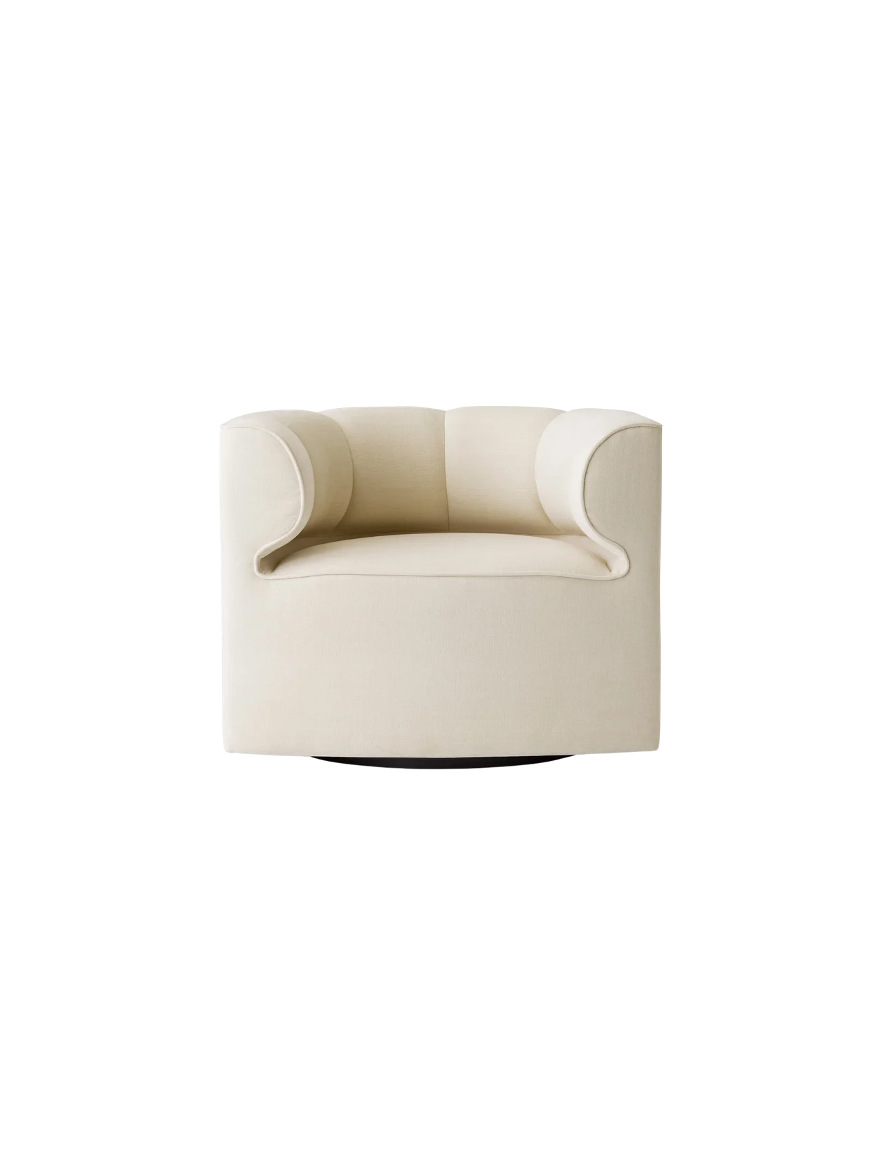 Eave Seamline Lounge Chair in cream Siennatonal 12 fabric, featuring a minimalist curved silhouette and swivel base.