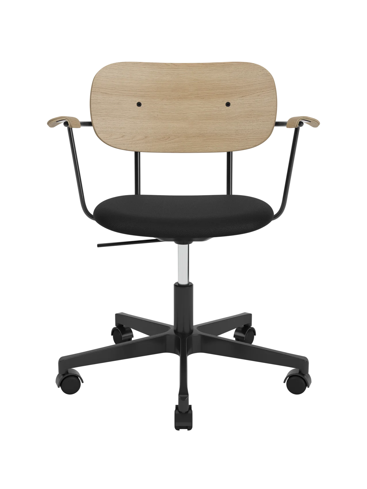 Co Task Chair with natural oak back and armrests, black upholstered seat and a black swivel base on castors.