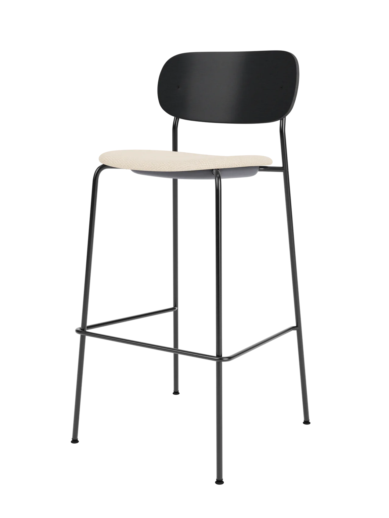 Black painted oak Co Bar Chair with a light cream Logan Jasmine upholstered seat and slender black steel frame.