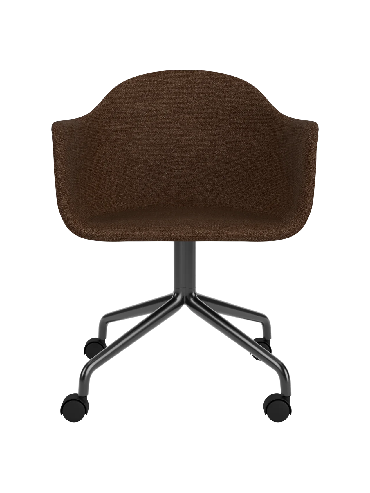 Harbour Dining Chair in brown Audo Bouclé 07 upholstery with a black star base and casters.