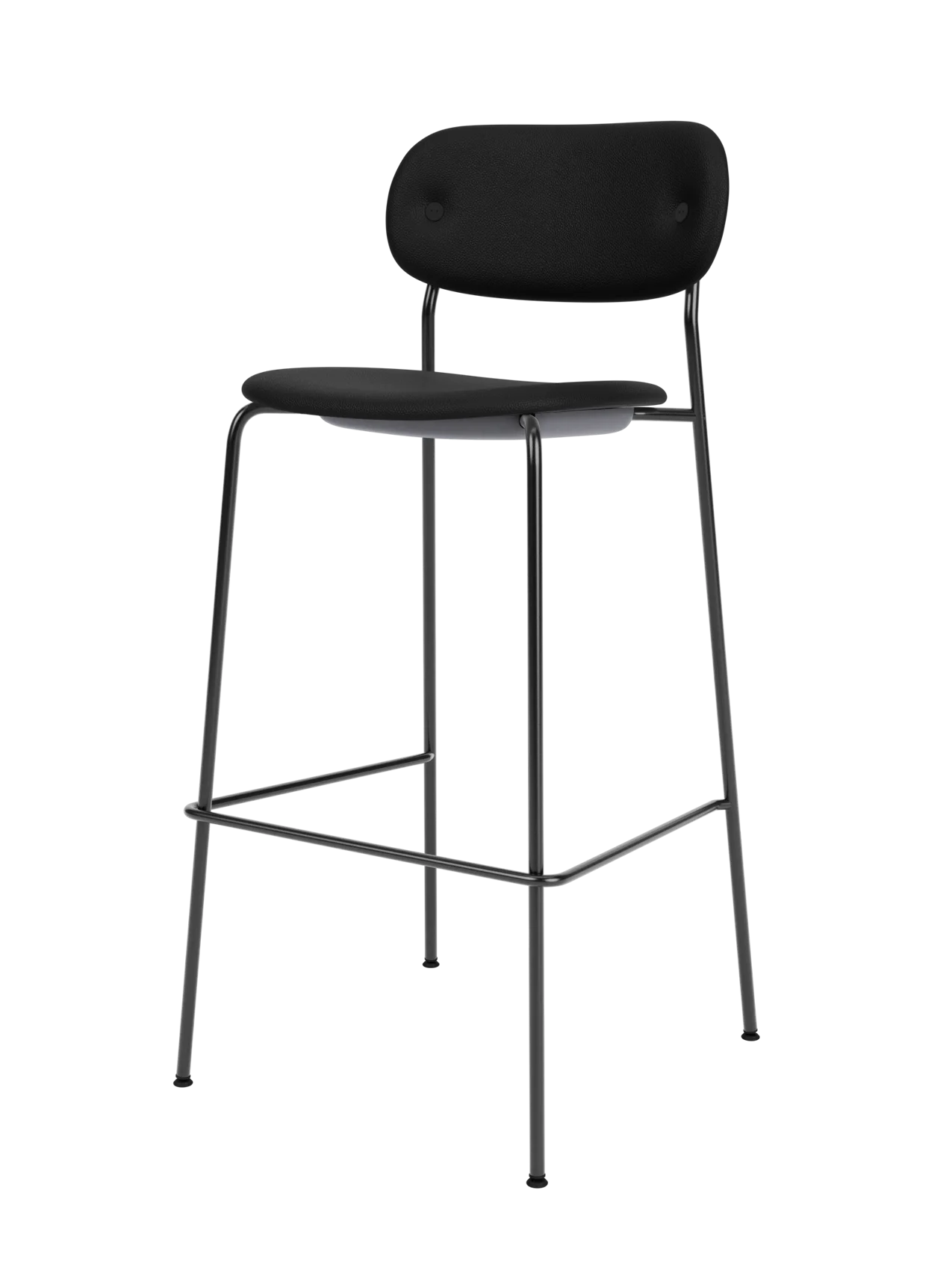 Fully upholstered black Co Bar Chair featuring Sierra leather and a slender black powder-coated steel frame.