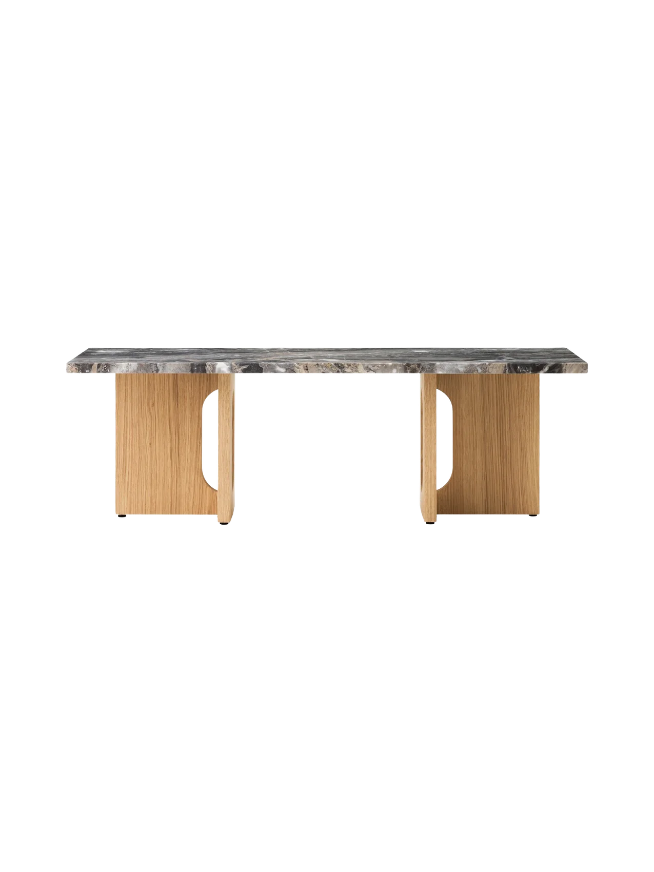 Front view of the Androgyne Lounge Table. It has a Grey Galaxy marble top and a natural oak base with distinctive cut-outs.