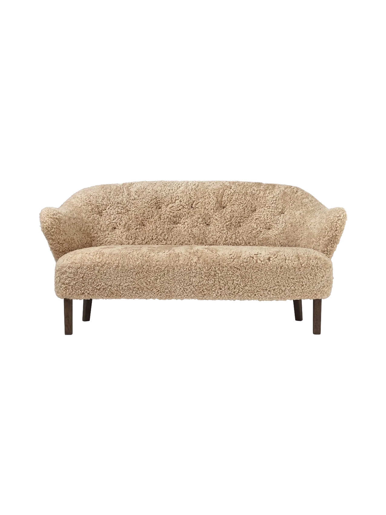 Front view of the Ingeborg Sofa in honey-coloured sheepskin, featuring a button-tufted back, curved arms, and dark oak legs.