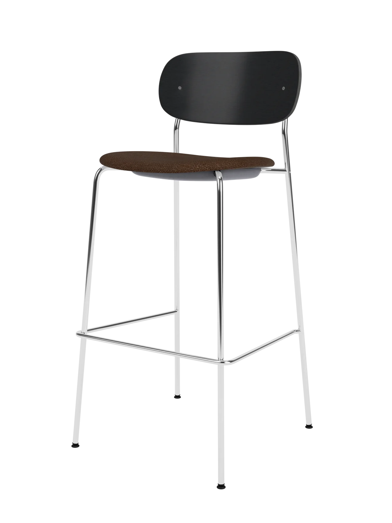 Co Bar Chair with chrome frame, black painted oak backrest and brown bouclé upholstered seat.