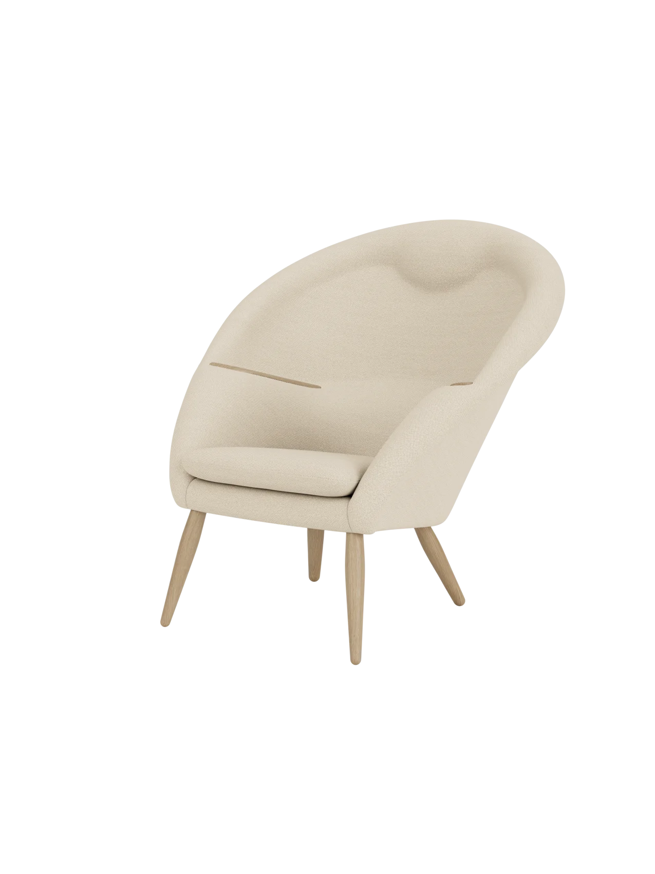 The Oda Lounge Chair, shown from a three-quarter angle, featuring light beige Hallingdal 200 upholstery and natural oak legs.