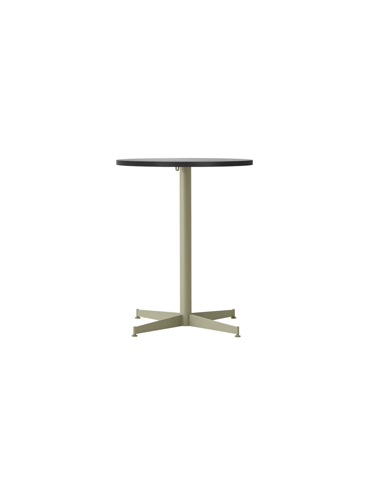 Front view of the Nook Dining Table, featuring a round black oak tabletop and a slim, olive-coloured four-star steel base.