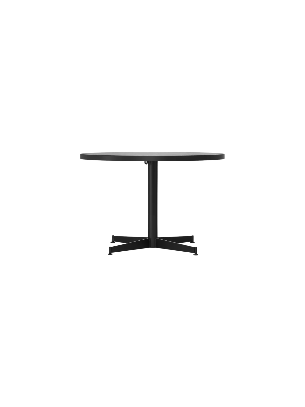Front view of the Nook Lounge Table, featuring a round, light-coloured marble top and a black four-star pedestal base.