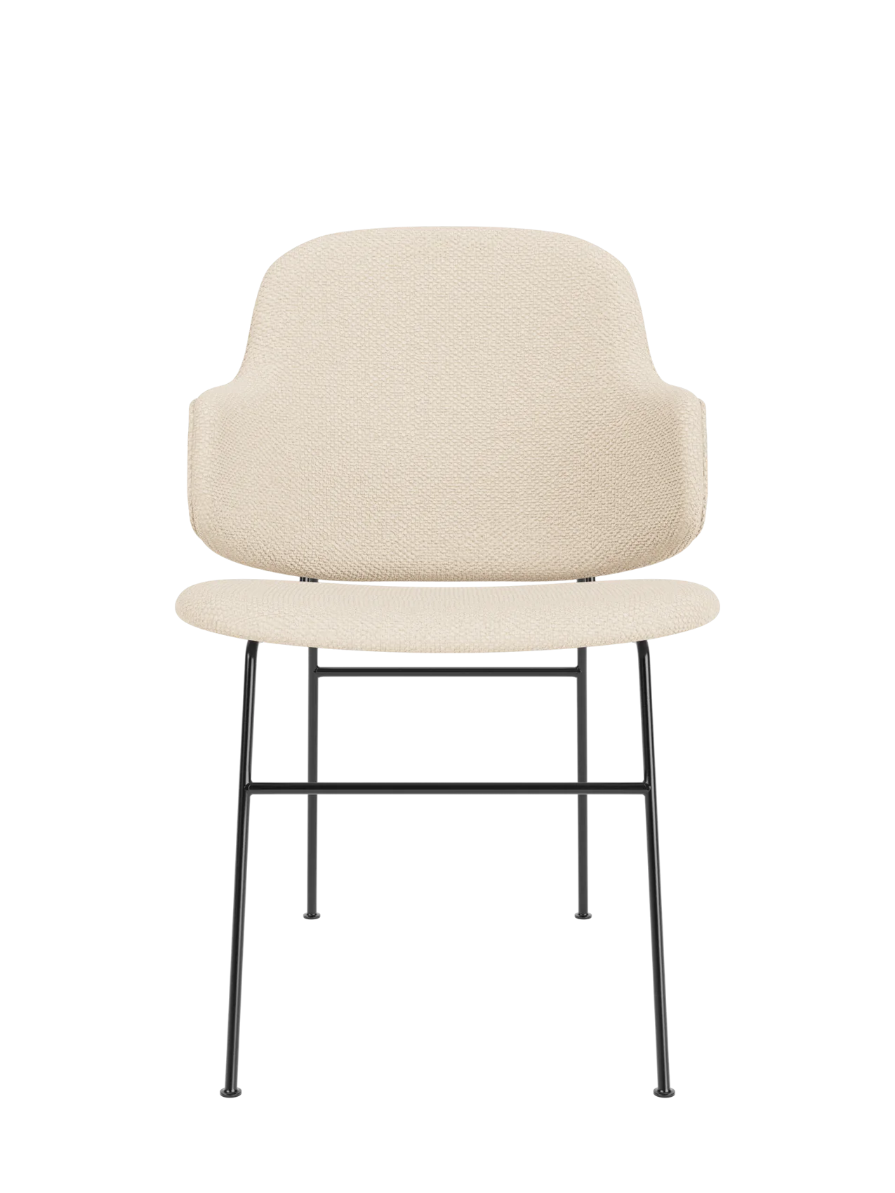 The Penguin Dining Chair in Logan Jasmine upholstery with a curved back and slender black powder-coated steel legs.