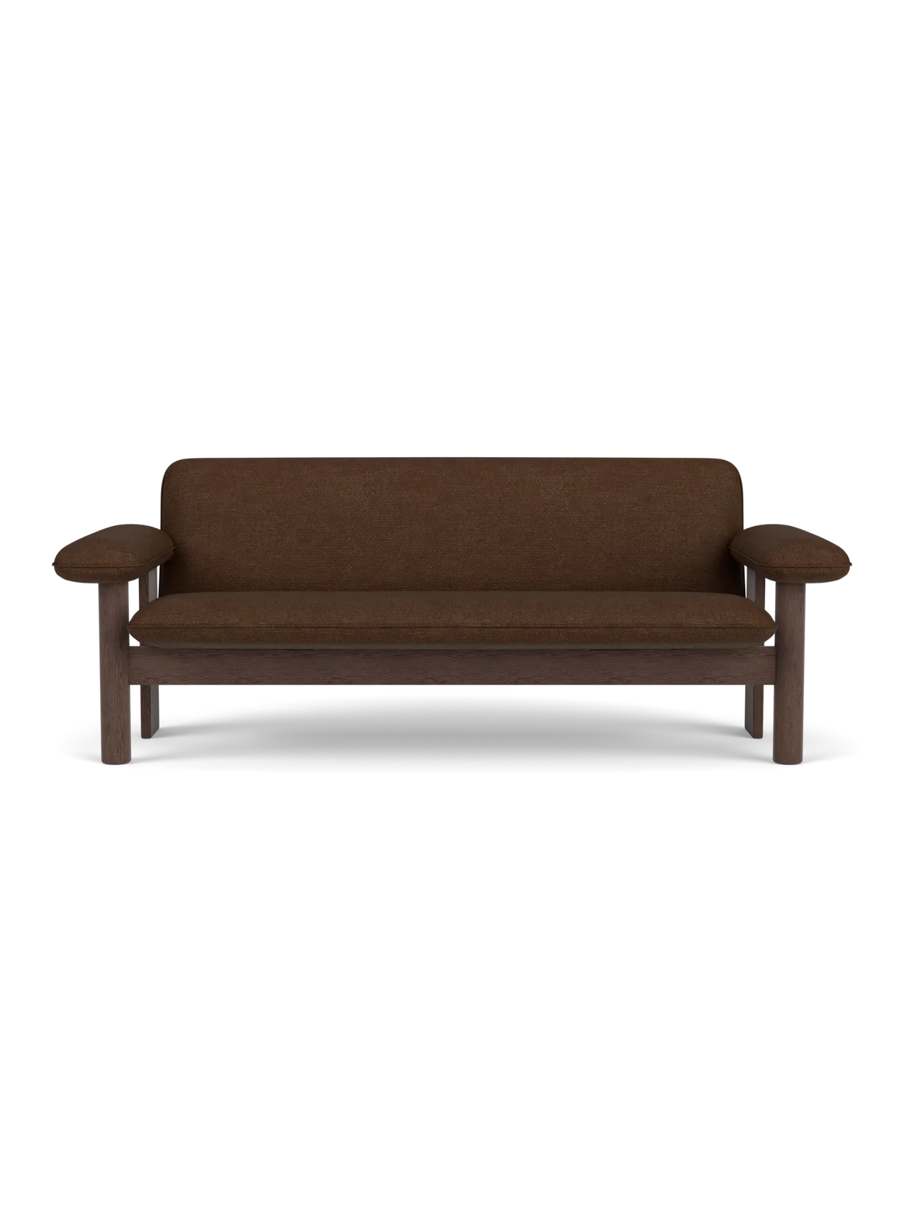 A front-on view of the Brasilia Sofa, featuring a dark stained oak frame and upholstered in a textured, brown bouclé fabric.