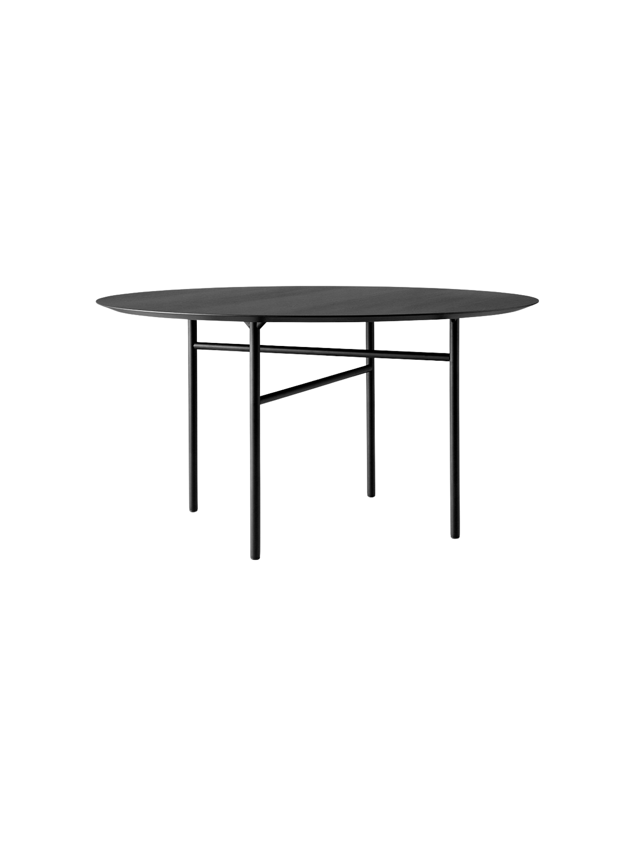 The Snaregade Dining Table, Round, shown in black with a black oak veneer top and a slender powder-coated steel frame.