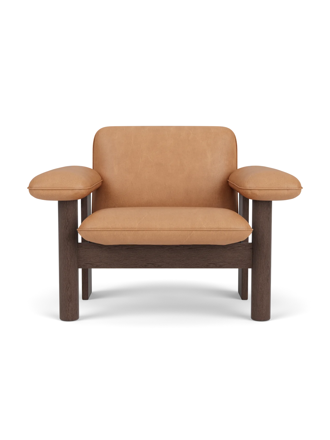 Front view of the Brasilia Lounge Chair, Low Back, featuring a dark stained oak frame and camel leather upholstery.