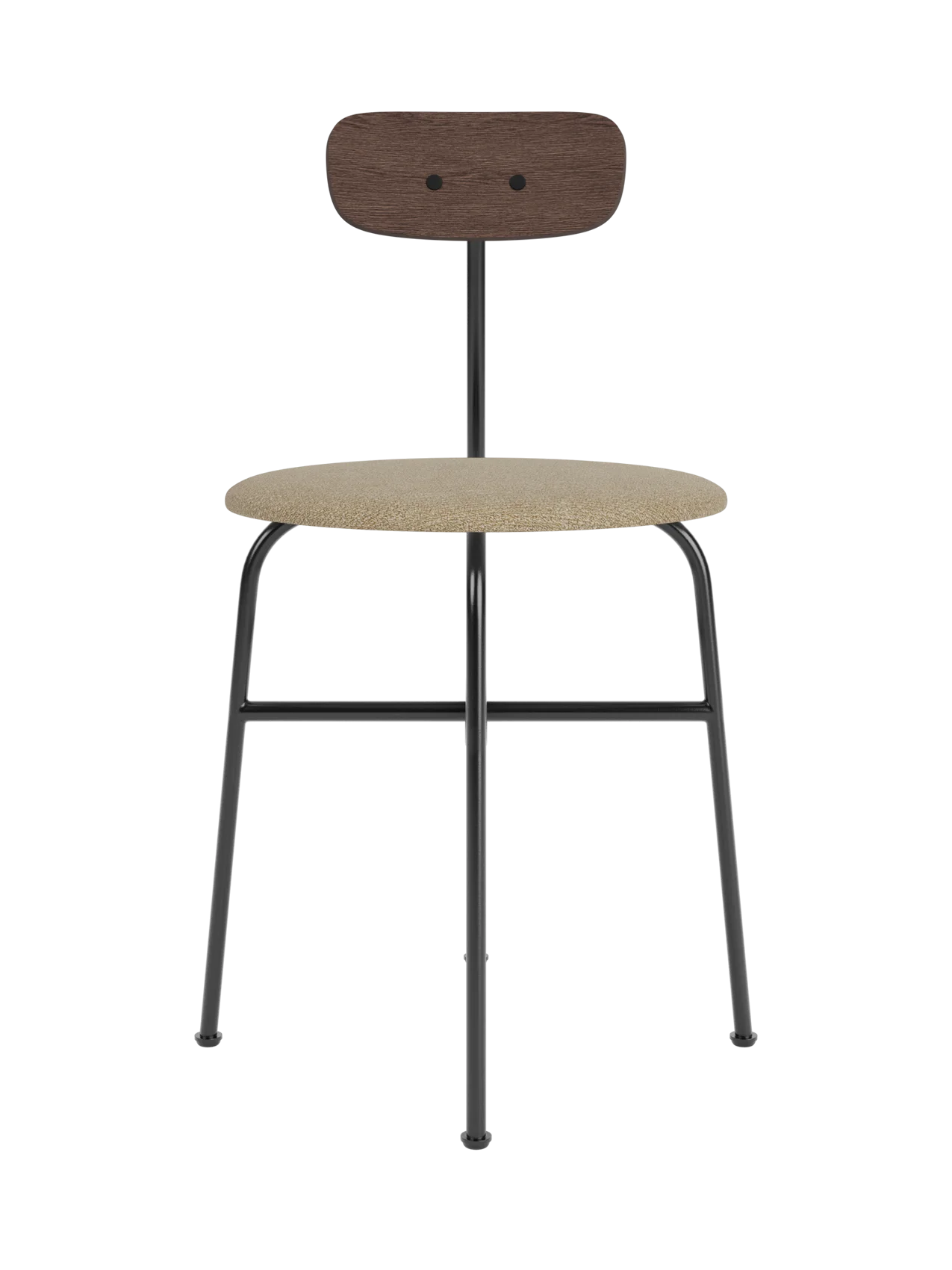 Front view of the Afteroom Dining Chair, Seat Upholstered, dark stained oak backrest, light bouclé seat and black frame.