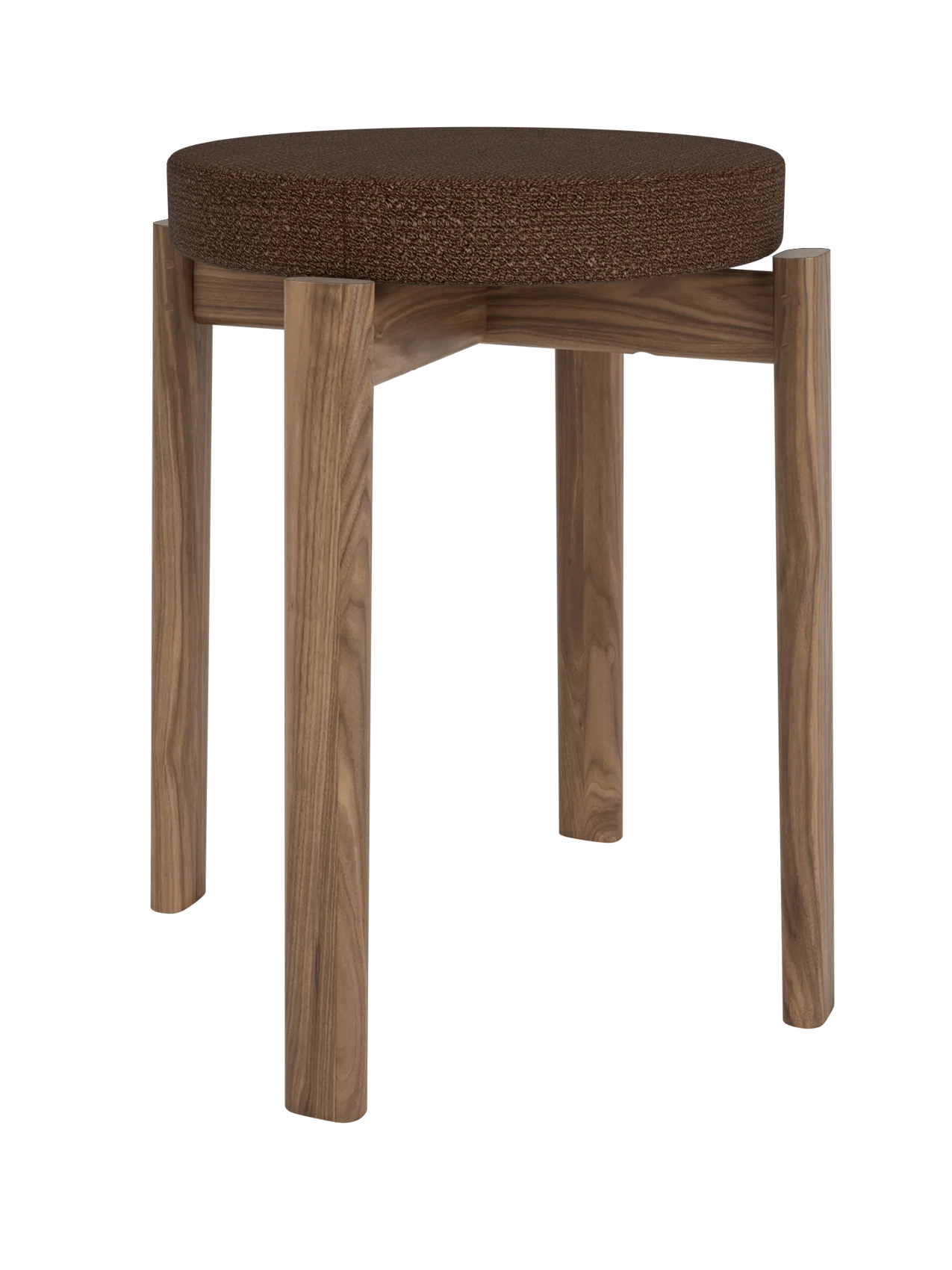 Solid walnut Passage Stool, Upholstered with a textured brown Audo Bouclé 07 fabric seat on a white background.