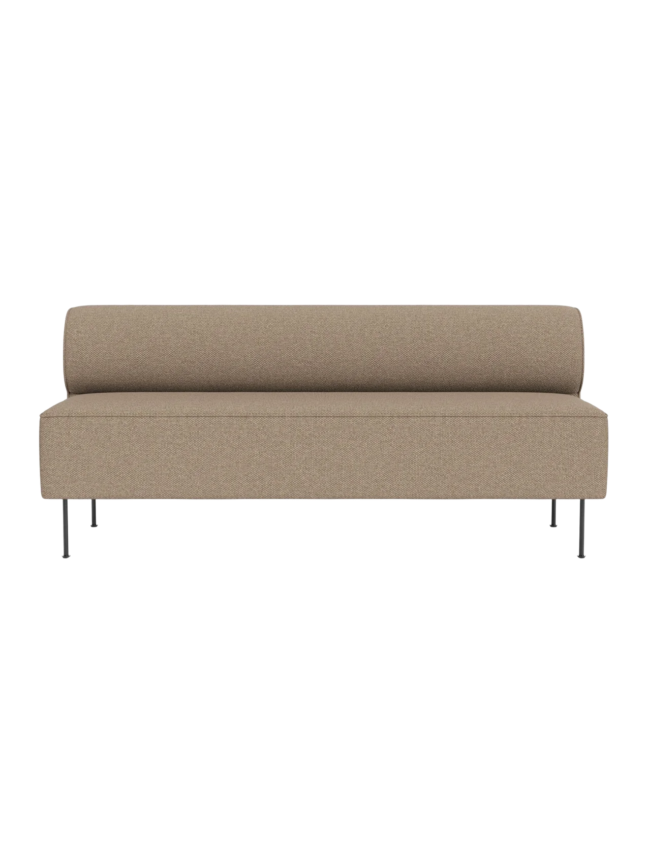 Front view of the Eave Dining Sofa in light brown Logan Flint fabric. The minimalist sofa has a low back and thin metal legs.
