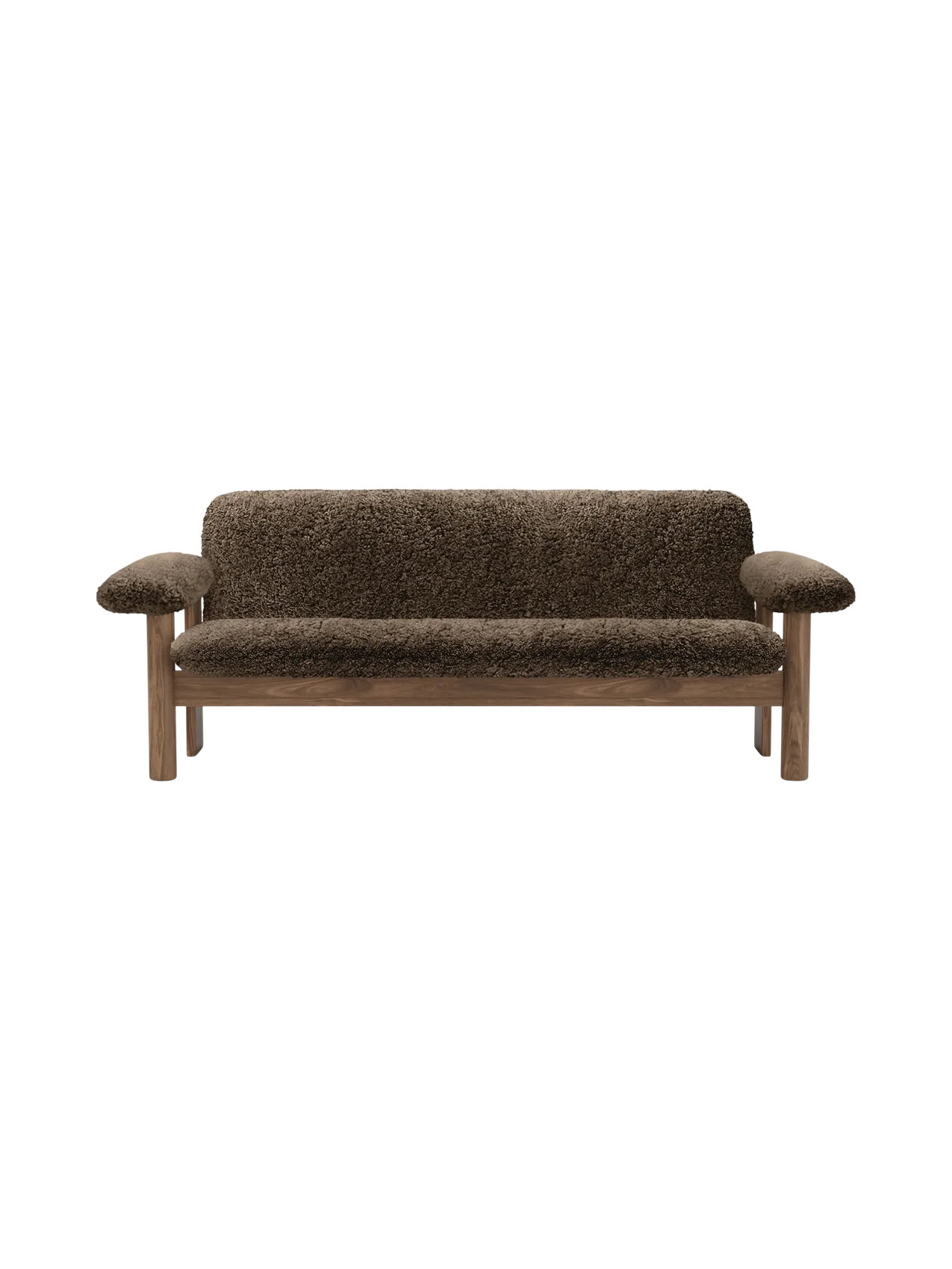 A front view of the Brasilia Sofa in dark brown sheepskin. The sofa features a wooden frame with rounded legs and arms.