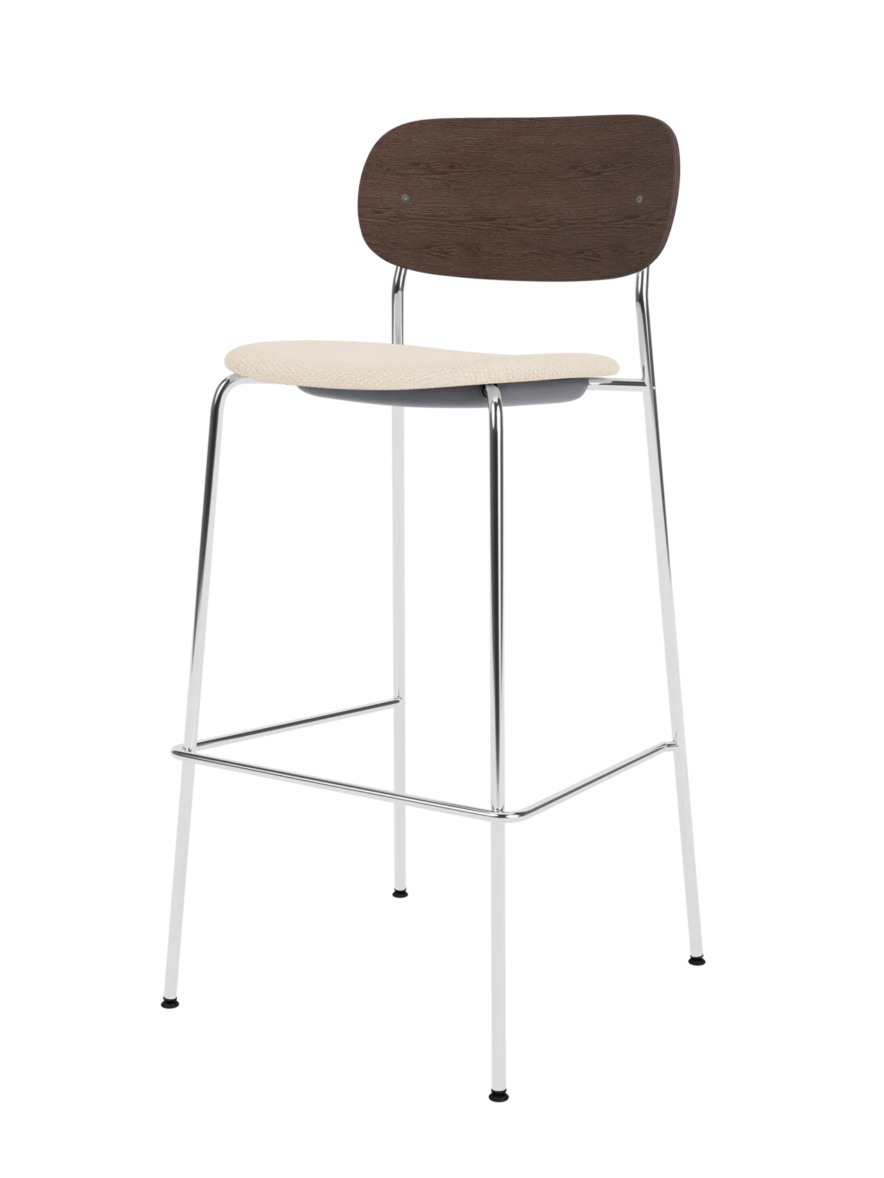 Co Bar Chair with chrome frame, dark stained oak backrest and light Logan Jasmine upholstered seat.