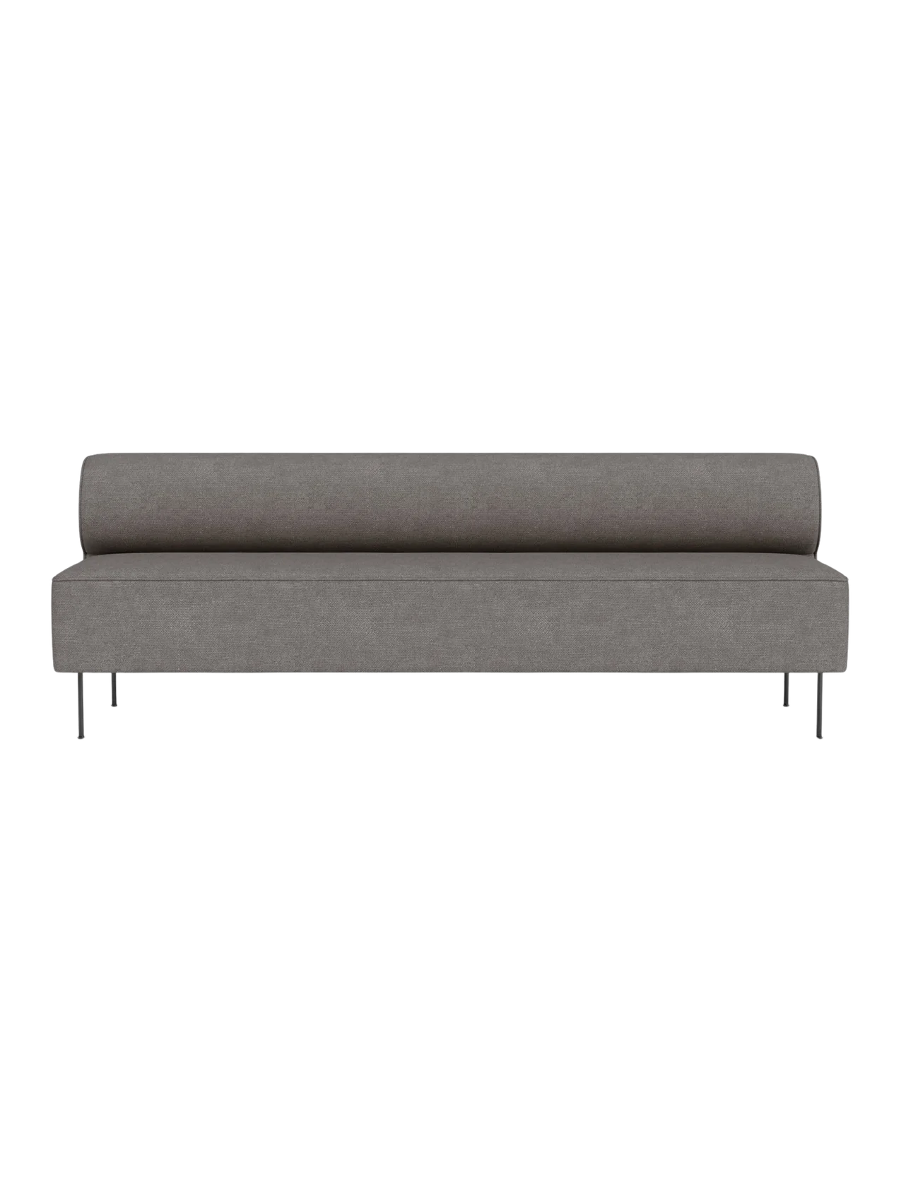 Front view of the Eave Dining Sofa in grey Audo Bouclé 16 fabric, showing its long, armless design and thin metal legs.