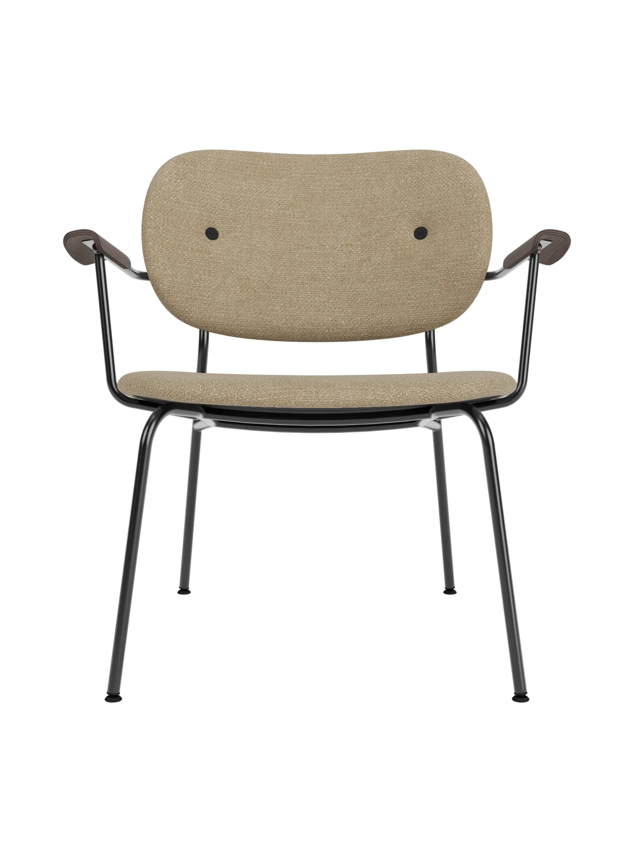 Co Lounge Chair in beige Audo Bouclé 02 with dark stained oak armrests and a slender black powder-coated steel base.