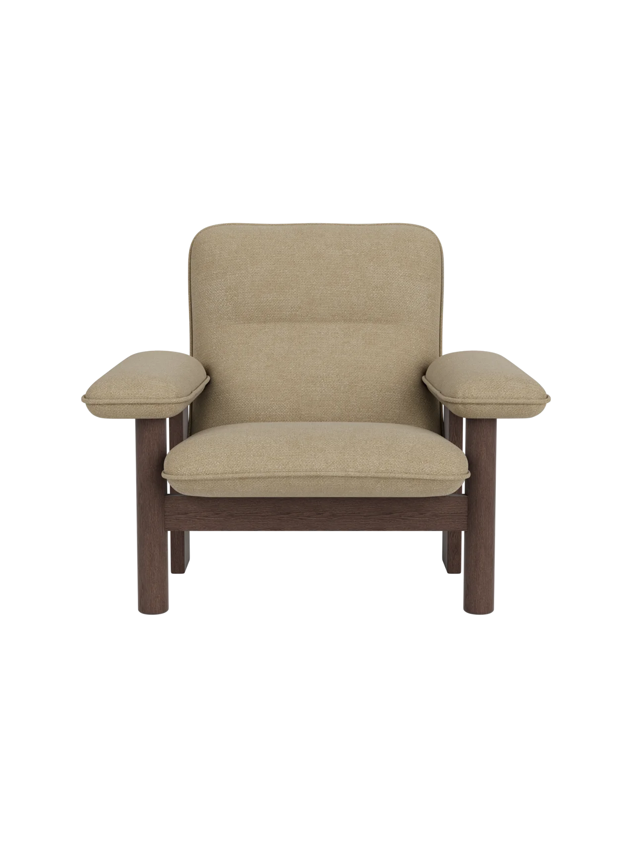 Front-on view of the Brasilia Lounge Chair, High Back, with a dark stained oak frame and cushions in a sand bouclé.