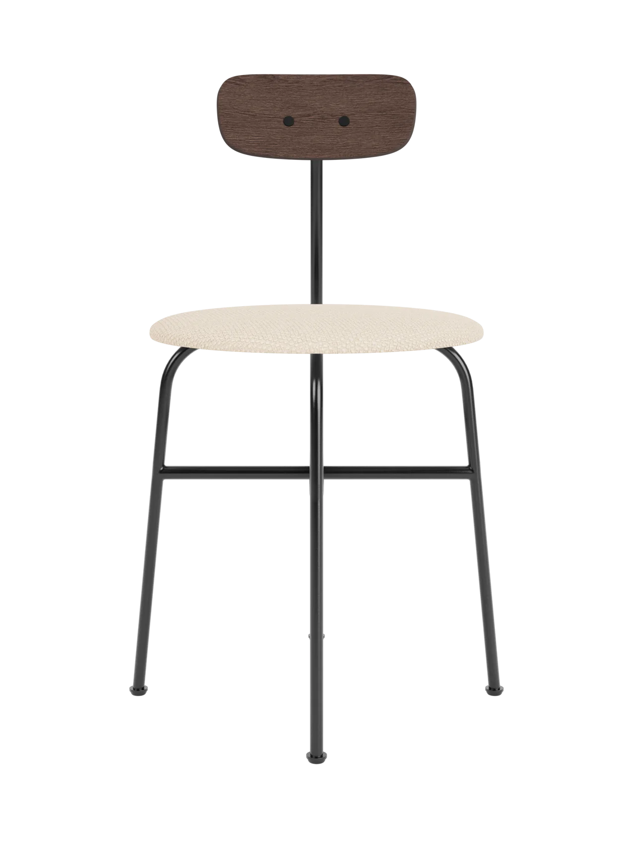 Afteroom Dining Chair with a Logan Jasmine upholstered seat, dark stained oak backrest and black steel frame.