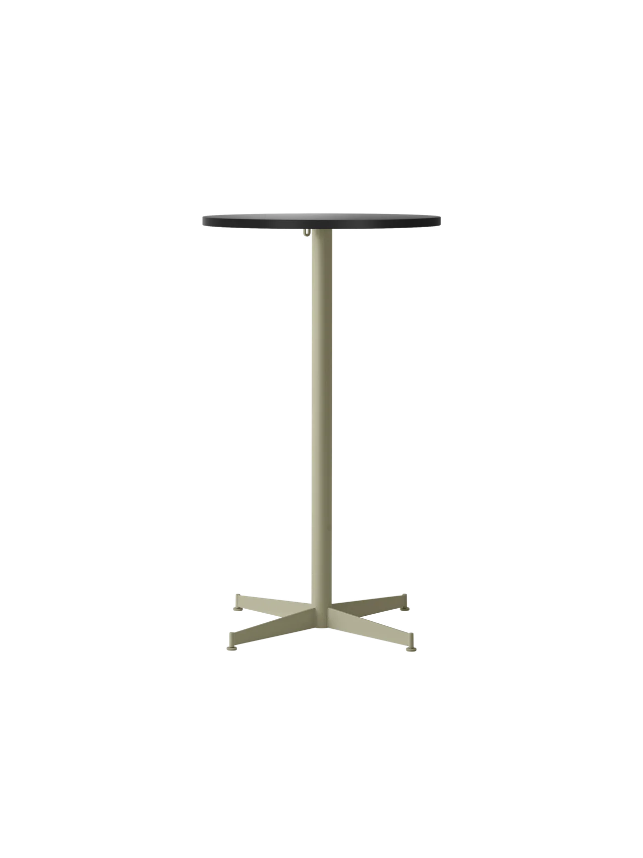 Front view of the Nook Bar Table, featuring a round charcoal linoleum top and an olive powder-coated steel pedestal base.