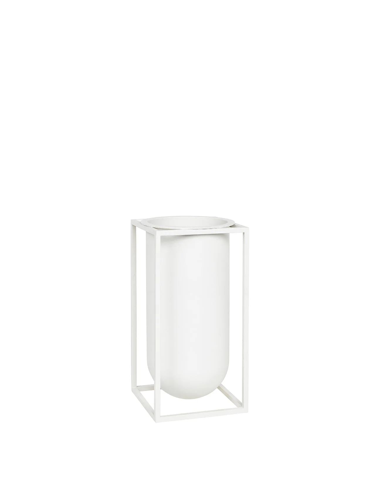The Kubus Lolo vase in white, with a rounded inner vessel in a slim, geometric metal frame, on a white background.