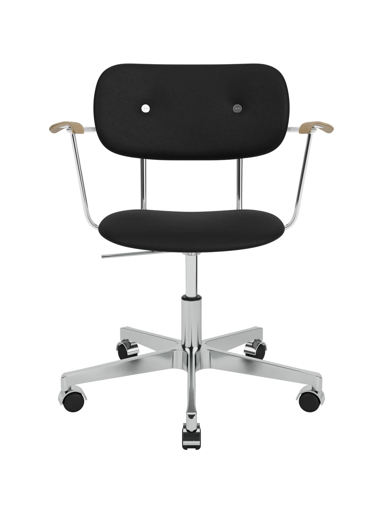 Black Co Task Chair with natural oak armrests and a chrome five-star base with casters on a white background.