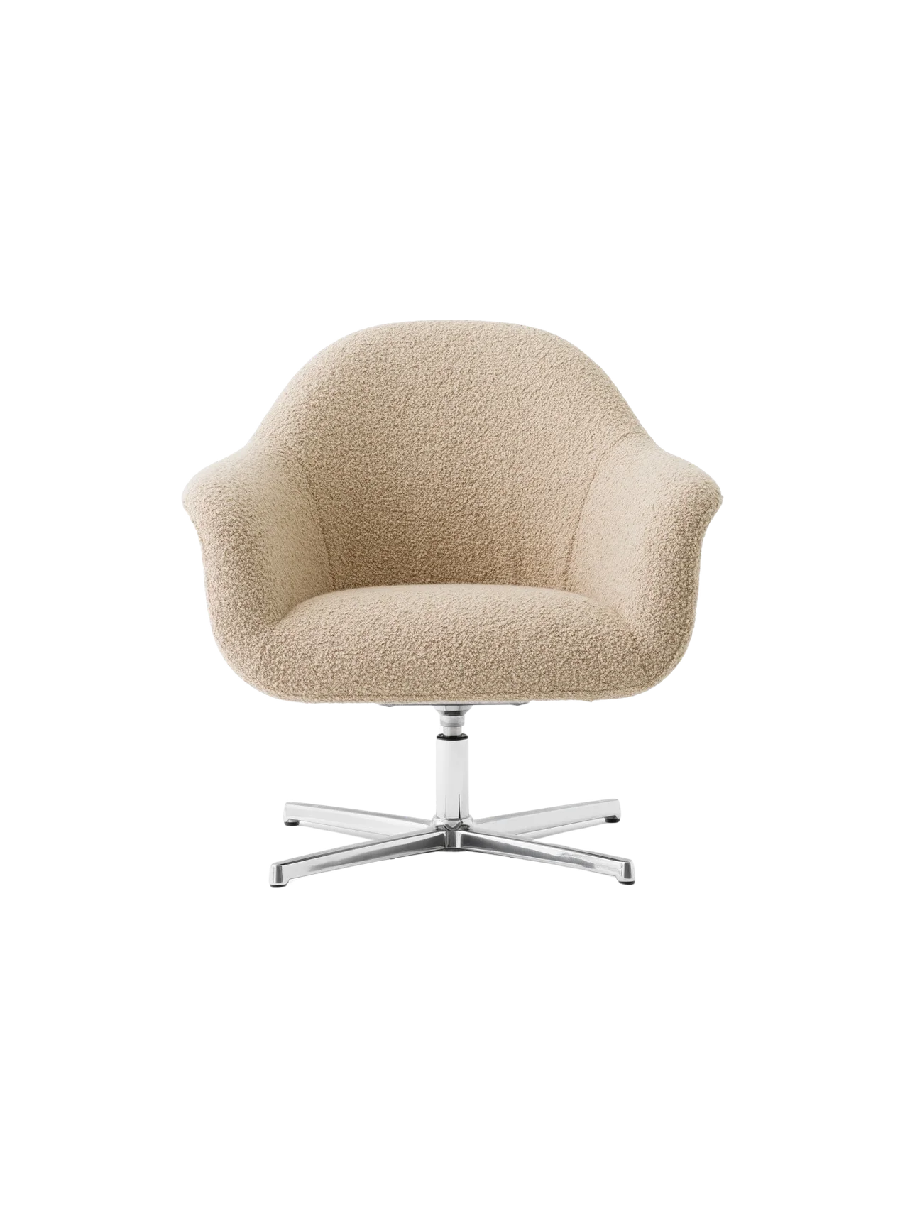 Front view of the Harbour Lounge Chair upholstered in light beige Baena 15 fabric with a polished aluminium swivel star base.