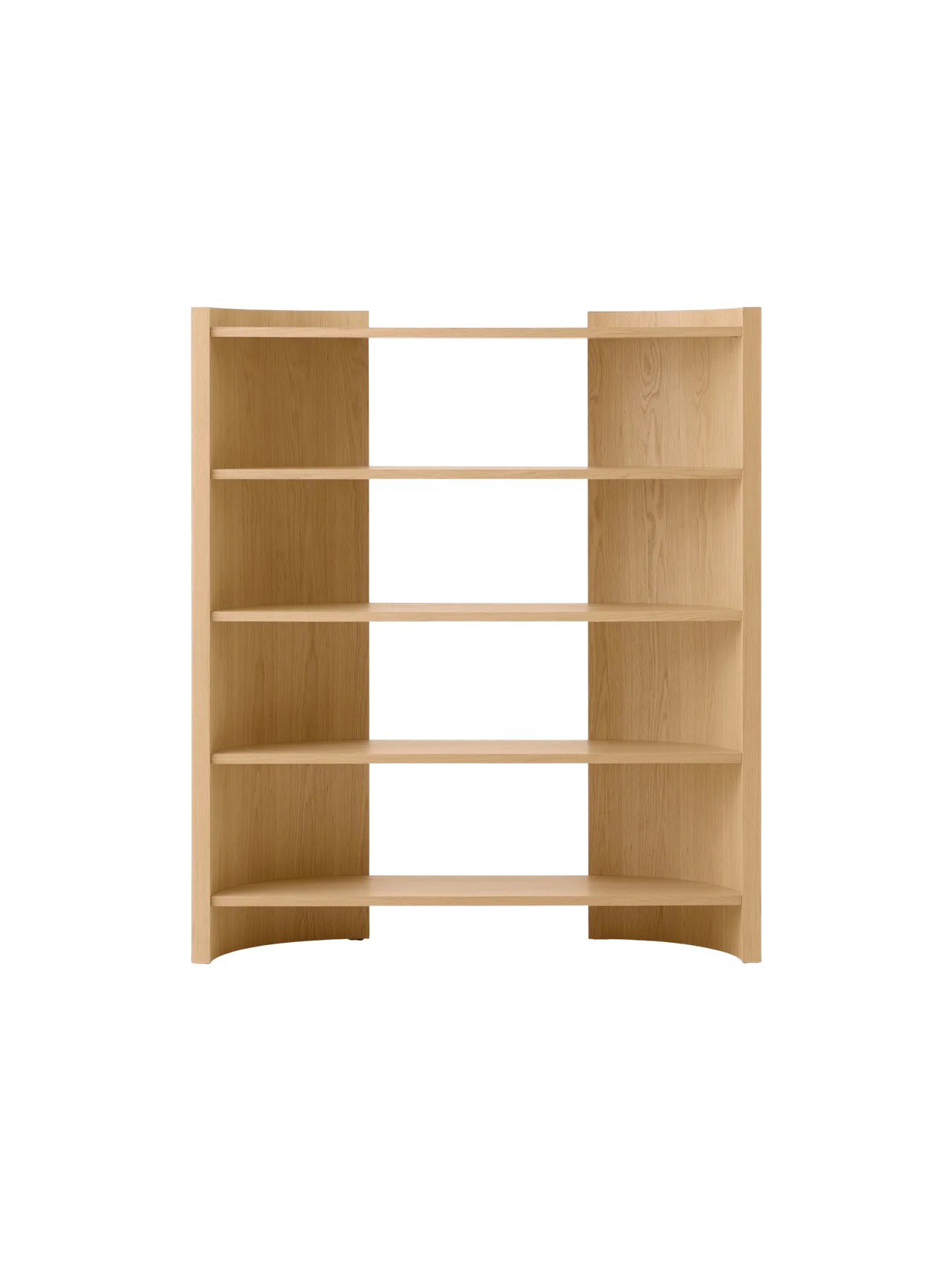 Front view of a natural oak bookcase with four shelves and a central divider. The top and bottom shelves have a gentle curve.