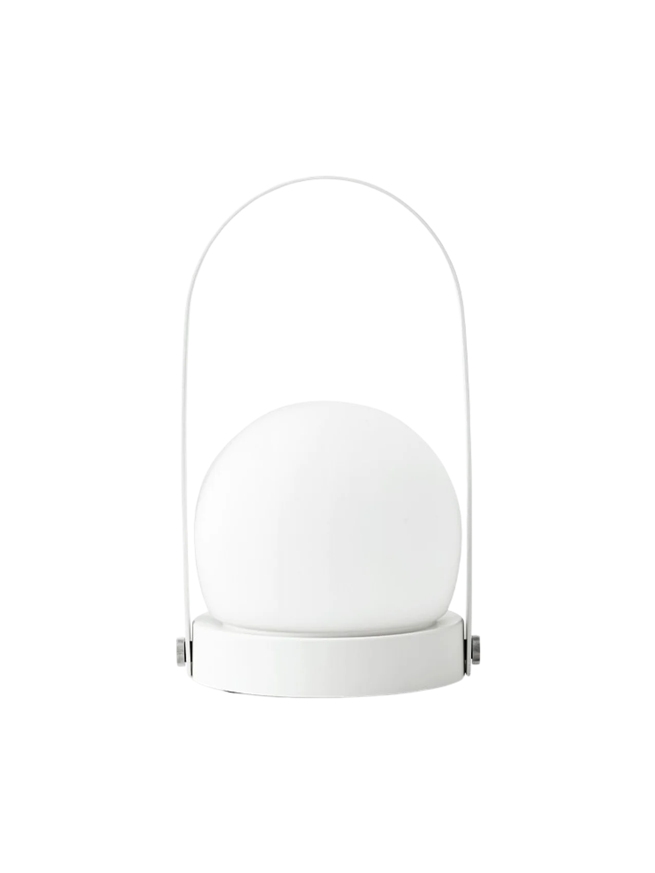 The Carrie Table Lamp, Portable, in white. It features a frosted glass orb on a round base with a thin handle.