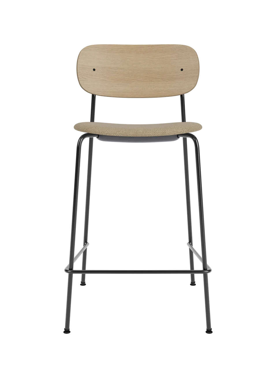Co Counter Chair in natural oak and black steel featuring an upholstered seat in bouclé against a black background.