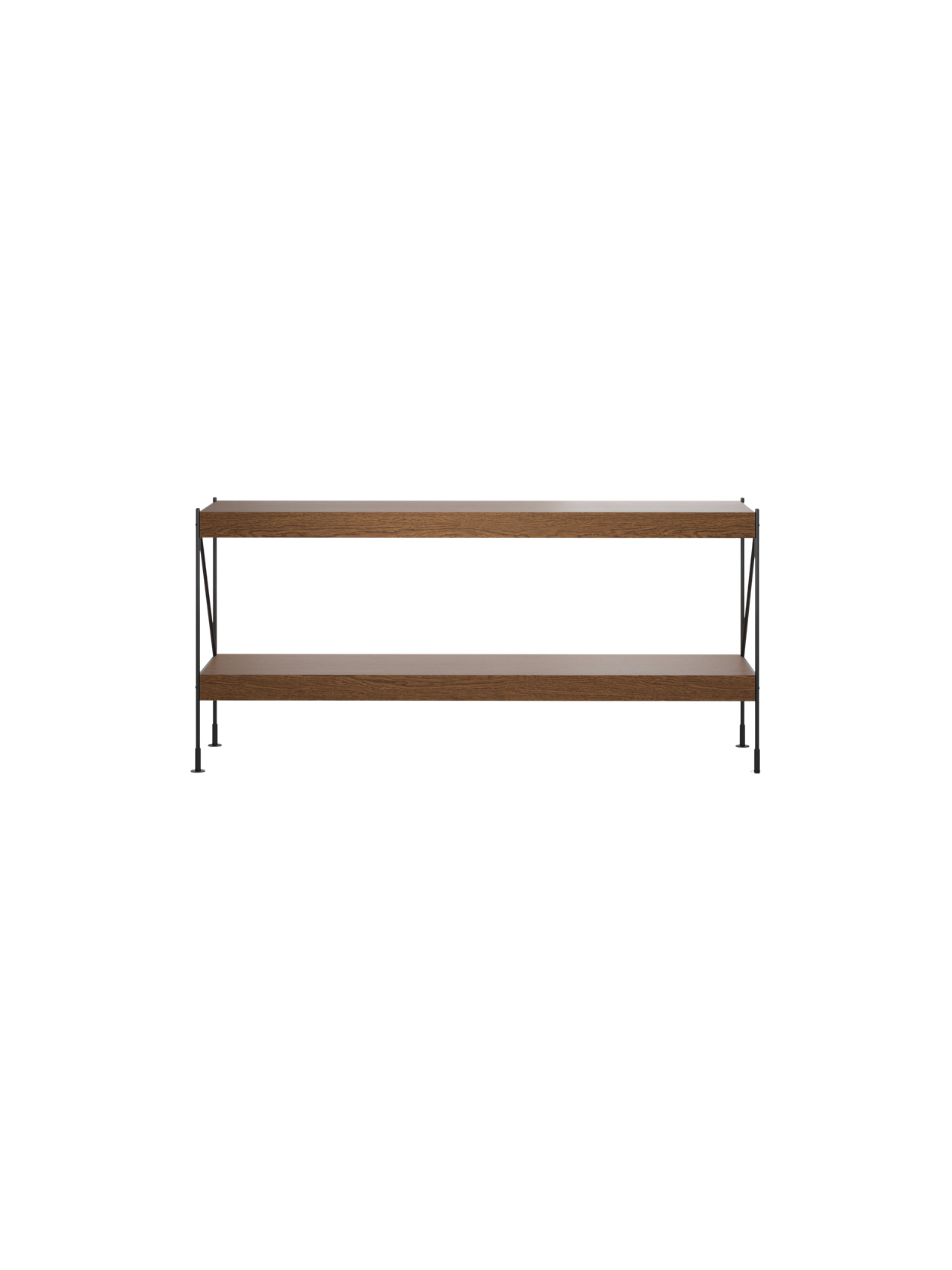 Front view of the Zet Storage System, a low, two-tier unit in dark stained oak with a minimal black steel frame.