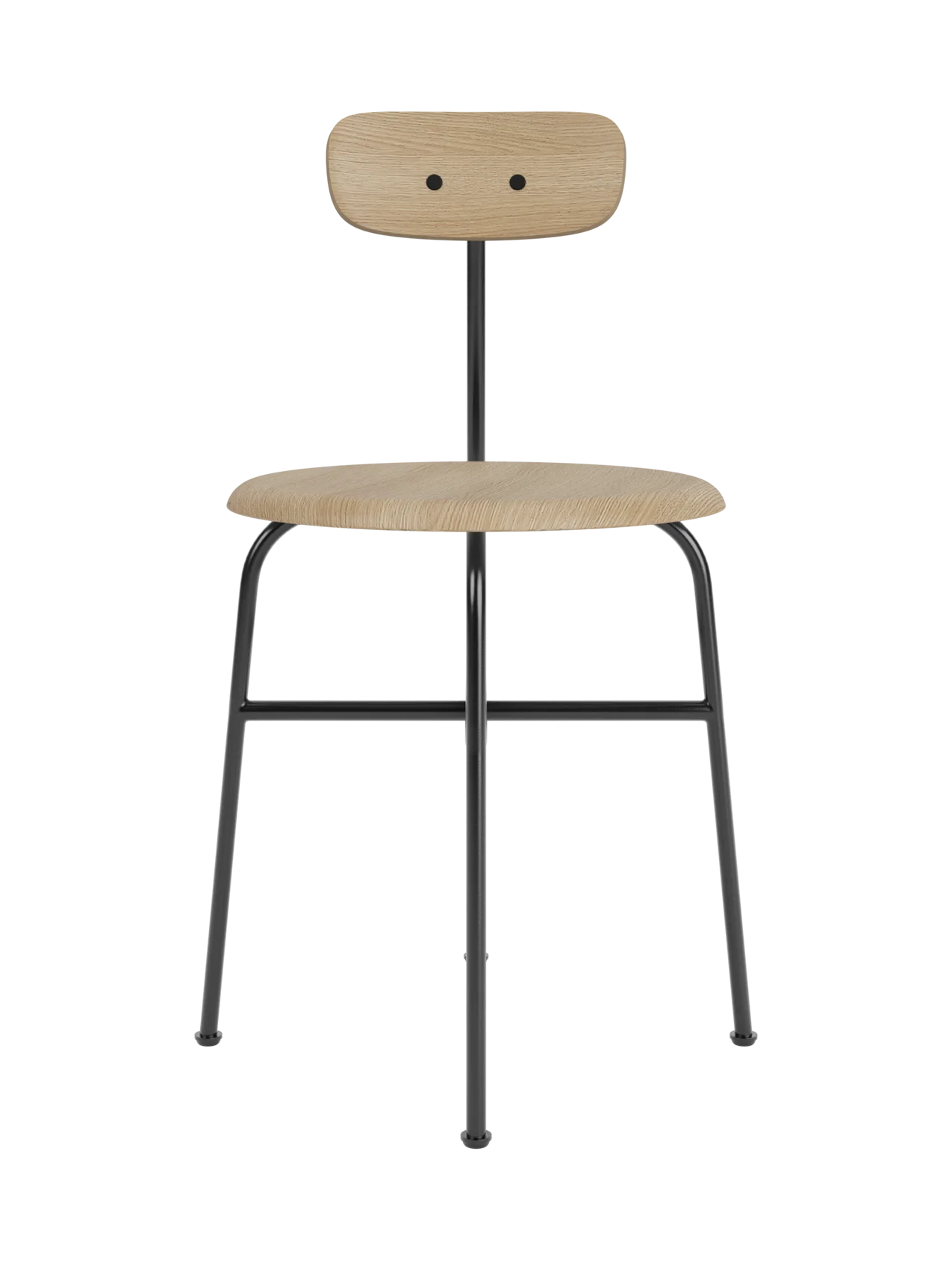 A front-on view of the Afteroom Dining Chair, Veneer, with a natural oak seat and backrest on a slender, black steel frame.