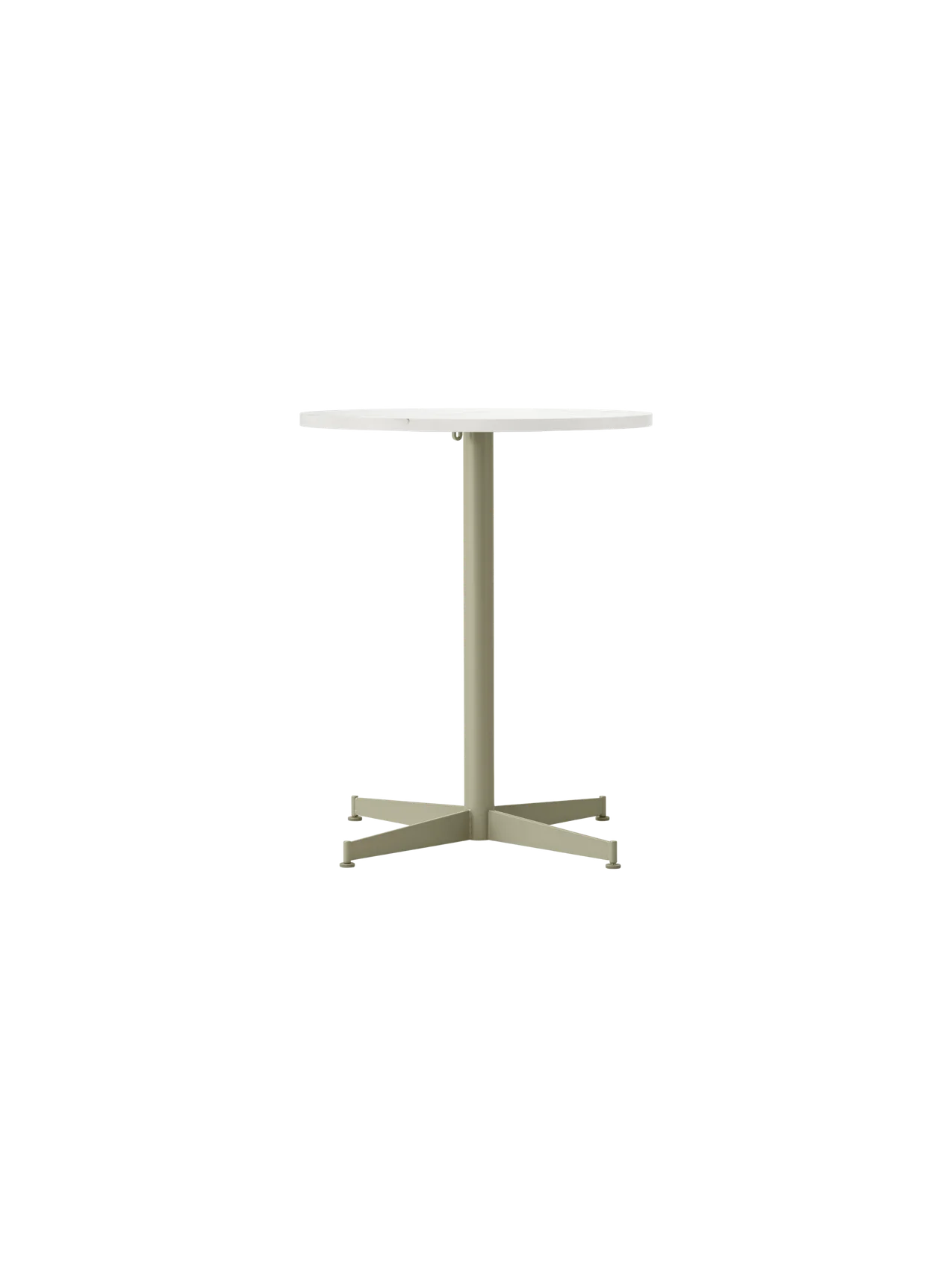 Front view of the Nook Dining Table with a round, white Estremoz marble top and an olive green, four-star steel base.