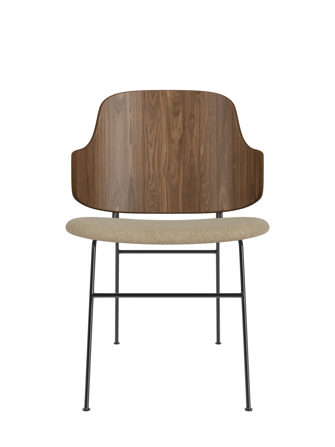 The Penguin Dining Chair with a curved walnut back and beige Audo Bouclé seat on a slender black steel frame.