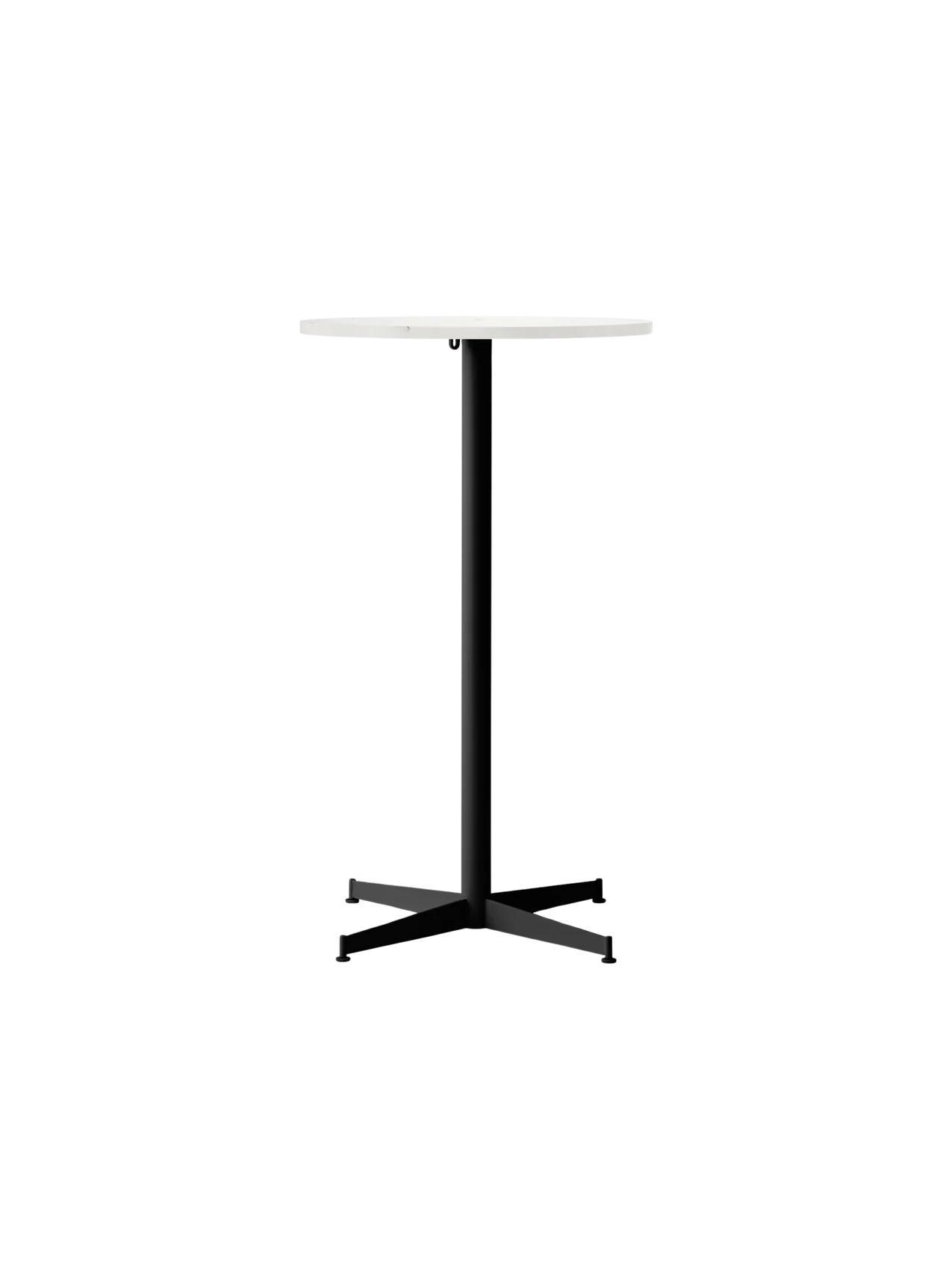 Front view of the Nook Bar Table with a round white Estremoz marble top and a tall, black powder-coated steel base.