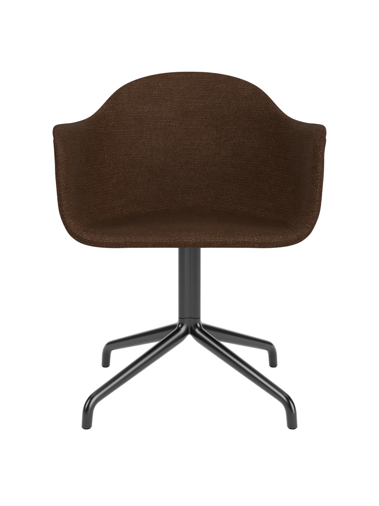 Harbour Dining Chair in dark brown bouclé upholstery with a black four-star swivel base.