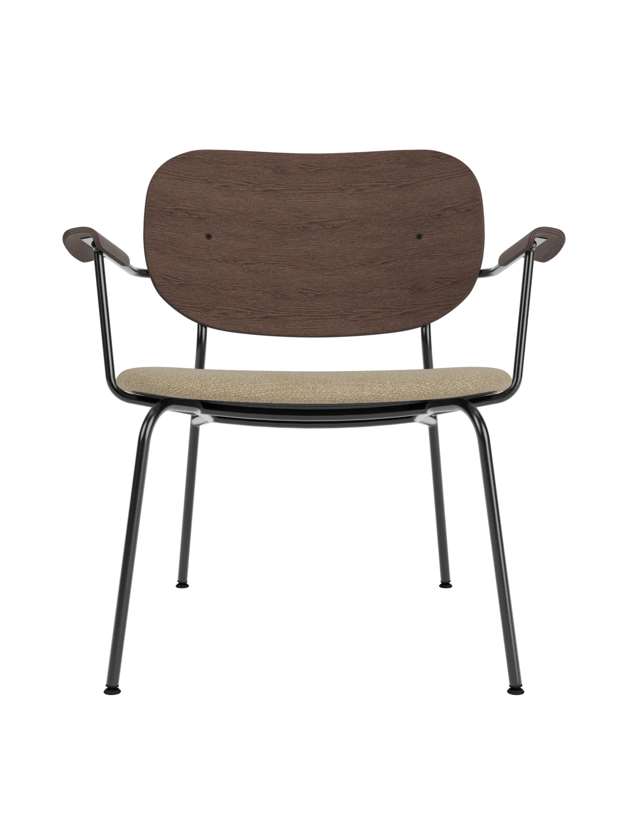 Co Lounge Chair featuring a dark stained oak backrest and beige Bouclé 02 upholstery on a black steel frame.