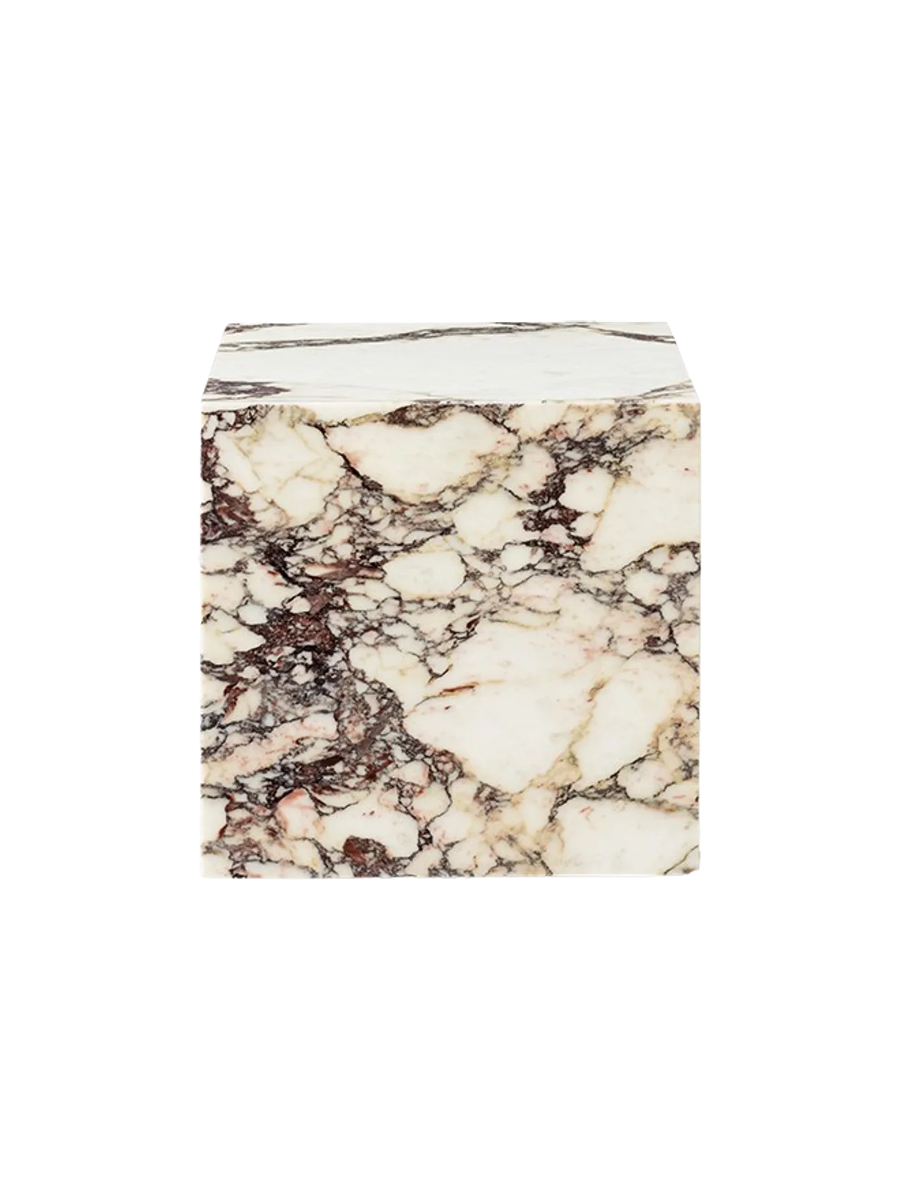 A front view of the Plinth Cubic in Rose marble, a square pedestal with a white base and dramatic dark red and purple veins.