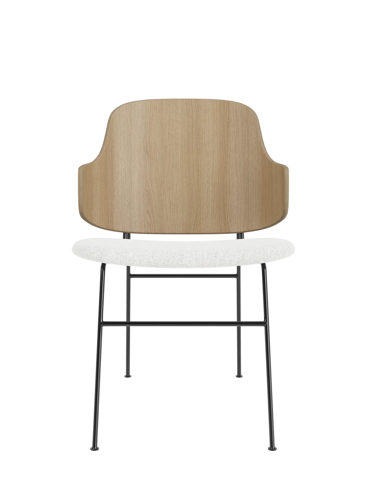 The Penguin Dining Chair with a natural oak back and light Hallingdal 65 upholstered seat on black steel legs.