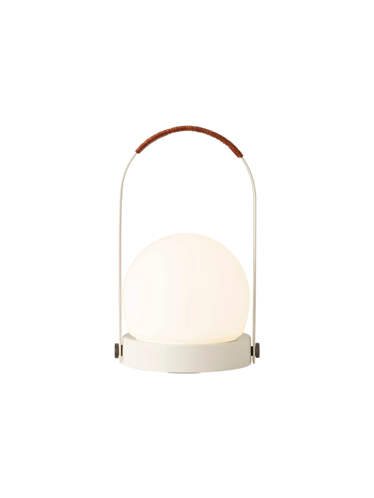 Portable Carrie Table Lamp with an illuminated opal glass globe and ivory frame featuring a brown leather handle.